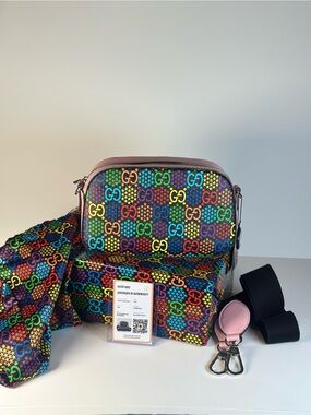 Authentic Gucci Rainbow GG Supreme Psychedelic Crossbody Bag with Pink Trim